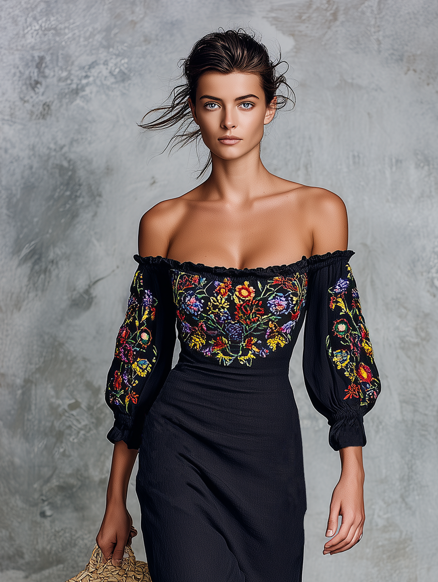 Women's Minimalist Strapless Embroidered Midi Dress With Three-Quarter Sleeves And Side-Slit Hem MDZ0847G6WY