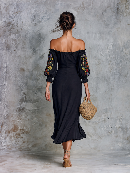 Women's Minimalist Strapless Embroidered Midi Dress With Three-Quarter Sleeves And Side-Slit Hem MDZ0847G6WY