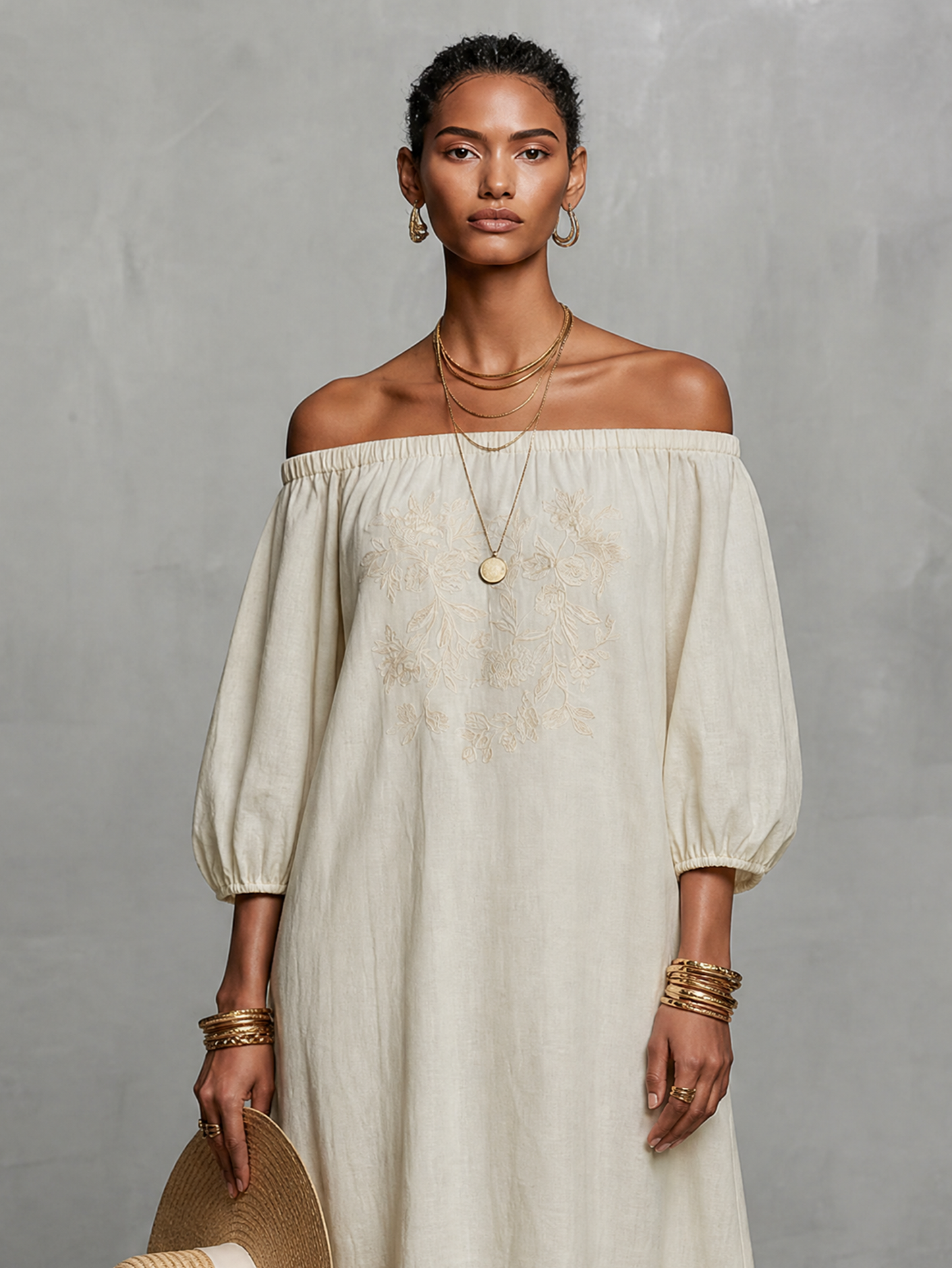 Women's Minimalist Off-the-shoulder Three-quarter Sleeve Embroidered Maxi Dress MDZ3063A3Y