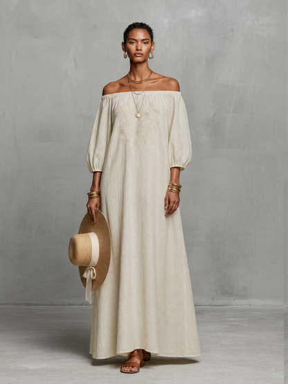 Women's Minimalist Off-the-shoulder Three-quarter Sleeve Embroidered Maxi Dress MDZ3063A3Y