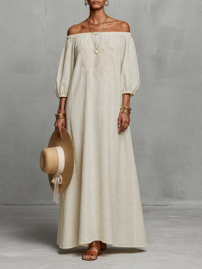 Women's Minimalist Off-the-shoulder Three-quarter Sleeve Embroidered Maxi Dress MDZ3063A3Y